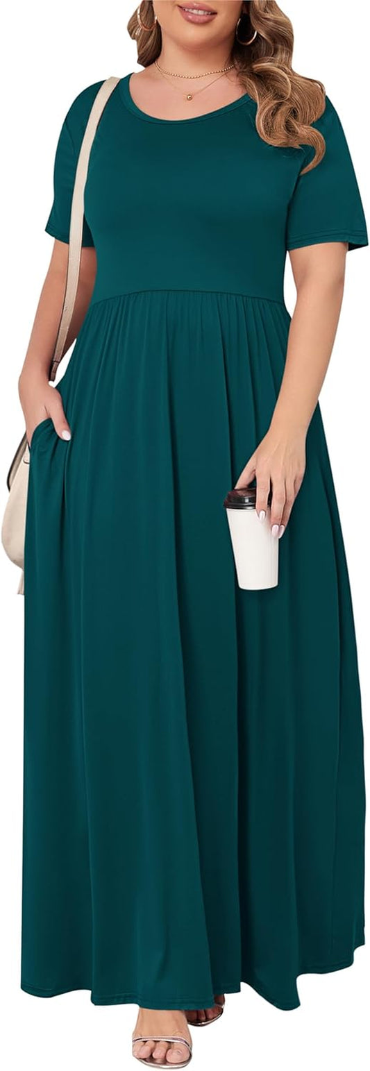 Women'S plus Size Short Sleeve Loose Plain Casual Long Maxi Dresses with Pockets