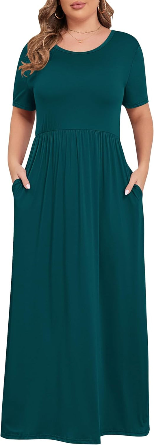 Women'S plus Size Short Sleeve Loose Plain Casual Long Maxi Dresses with Pockets